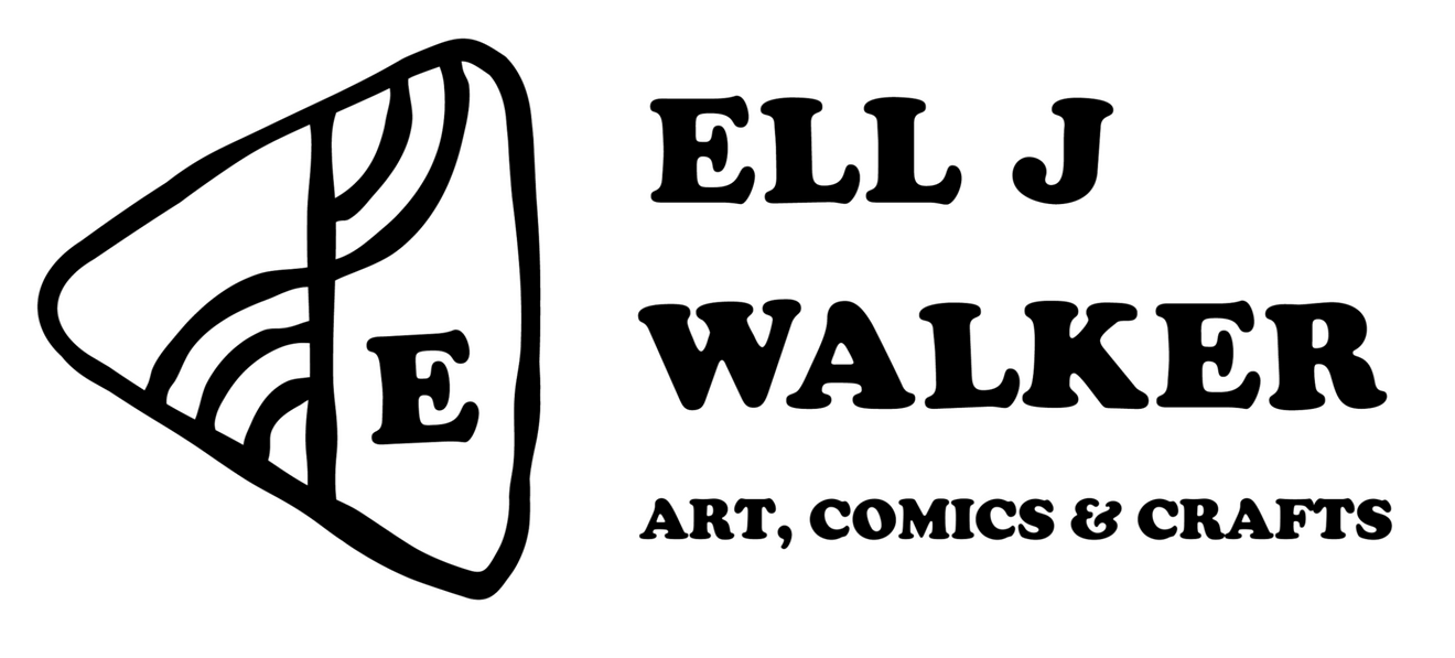 A logo featuring a triangular stone shape with a runic carving and a letter E. The text beside the logo reads Ell J Walker in large letters, and underneath: Art, comics & crafts